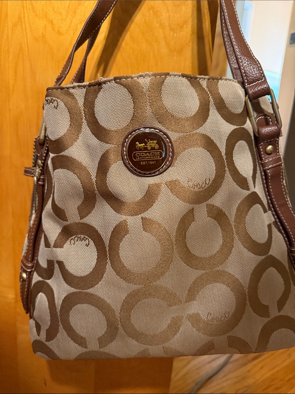 Coach Tan and Brown Signature Canvas Shoulder Bag